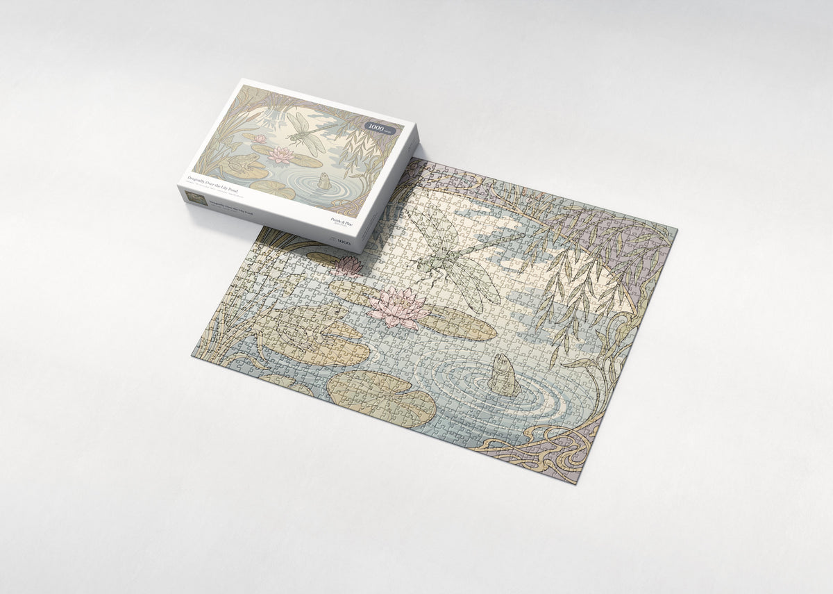 Dragonfly Over the Lily Pond jigsaw puzzle - box and puzzle