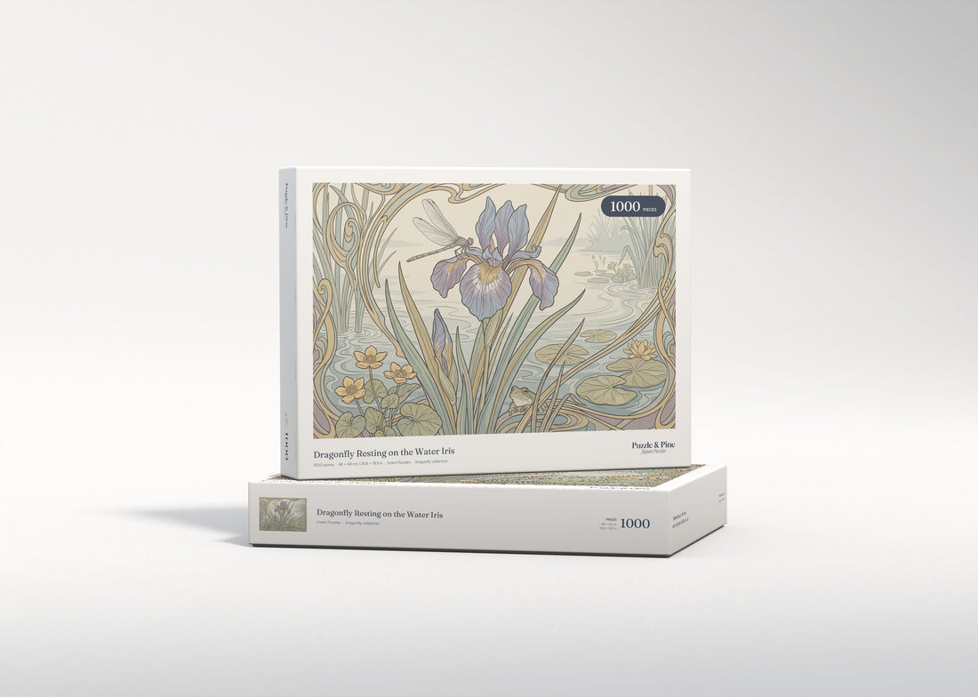 Dragonfly Resting on the Water Iris jigsaw puzzle - gift box