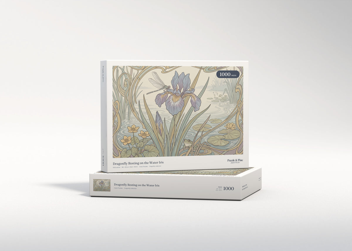 Dragonfly Resting on the Water Iris jigsaw puzzle - gift box
