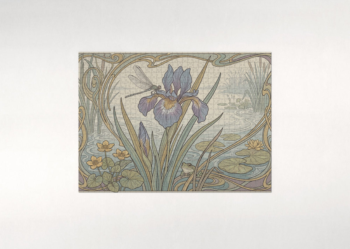 Dragonfly Resting on the Water Iris jigsaw puzzle - flat puzzle