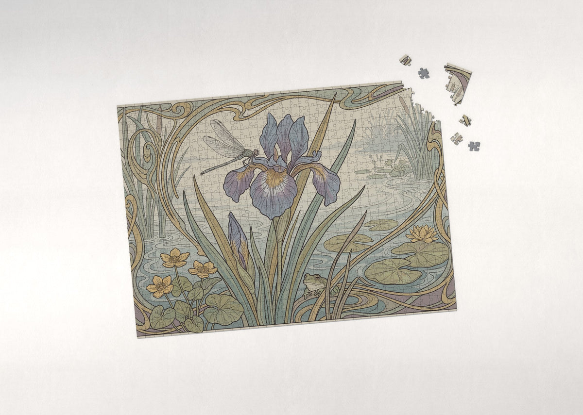 Dragonfly Resting on the Water Iris jigsaw puzzle - puzzle with loose pieces