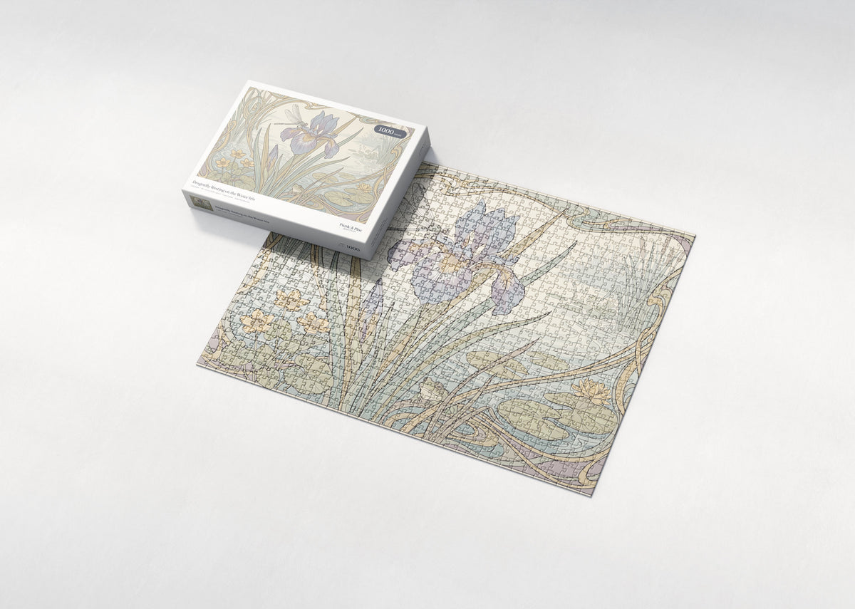 Dragonfly Resting on the Water Iris jigsaw puzzle - box and puzzle