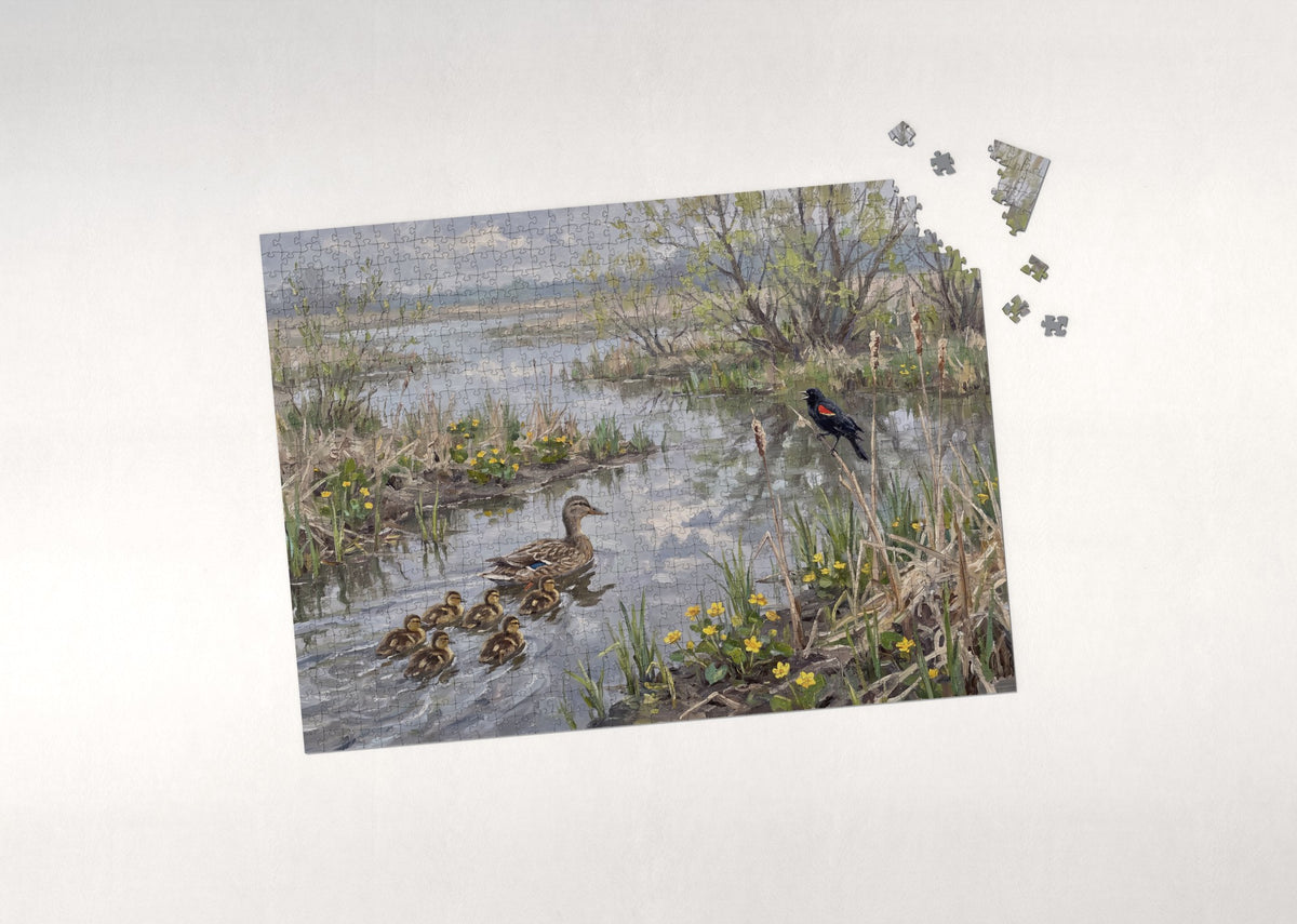 Ducklings Following Mother Through the Reeds jigsaw puzzle - puzzle with loose pieces
