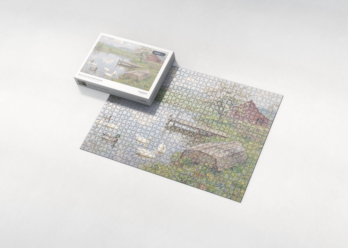 Ducks at the Farm Pond in Spring jigsaw puzzle - box and puzzle