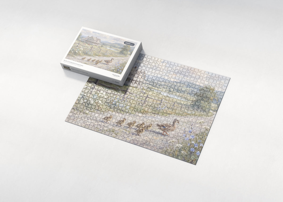 Ducks Crossing the Country Lane jigsaw puzzle - box and puzzle