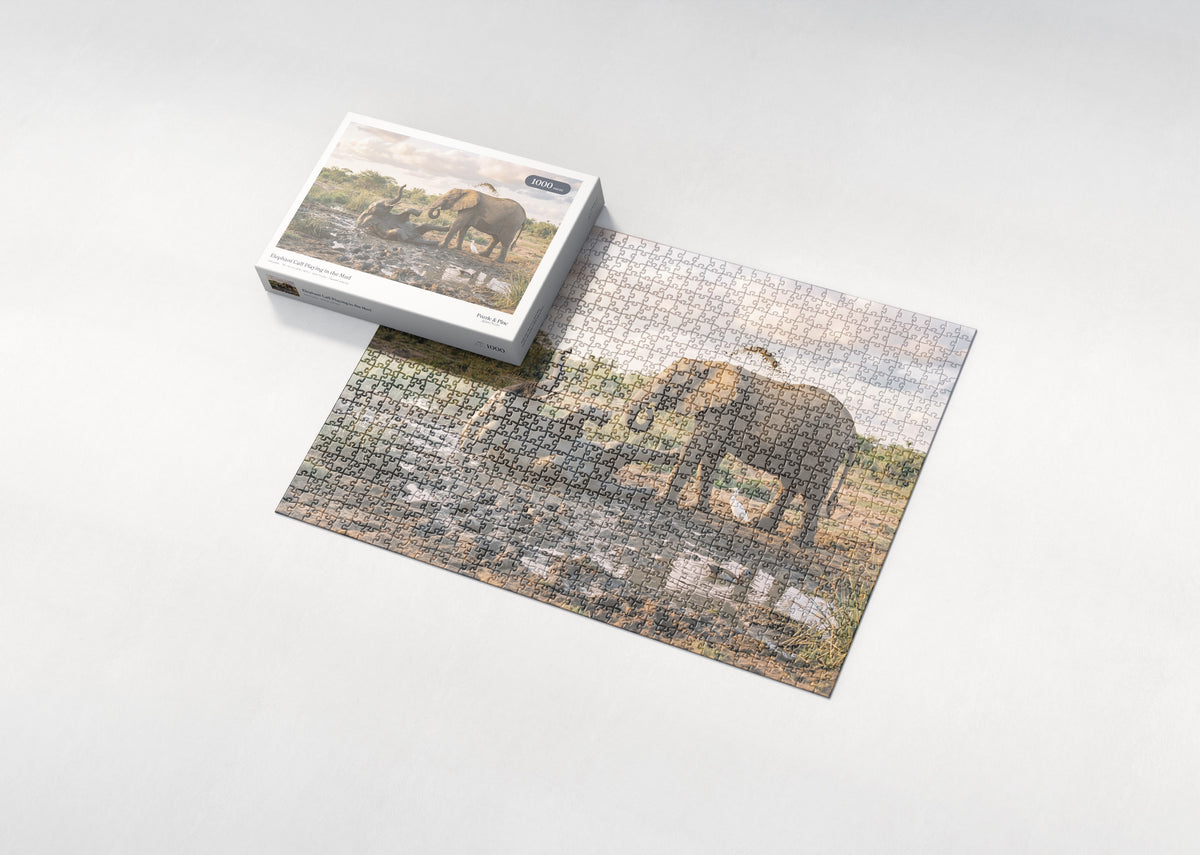 Elephant Calf Playing in the Mud jigsaw puzzle - box and puzzle