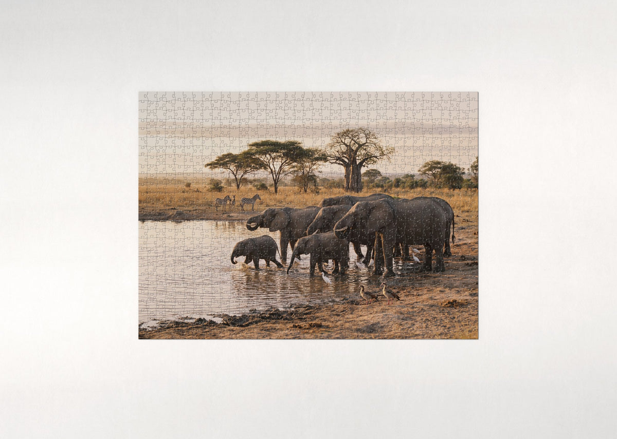 Elephant Herd at the Watering Hole jigsaw puzzle - flat puzzle