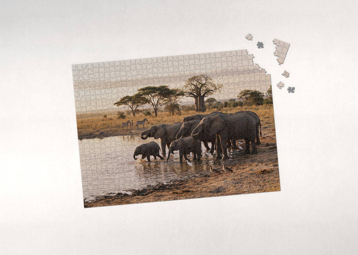 Elephant Herd at the Watering Hole jigsaw puzzle - puzzle with loose pieces