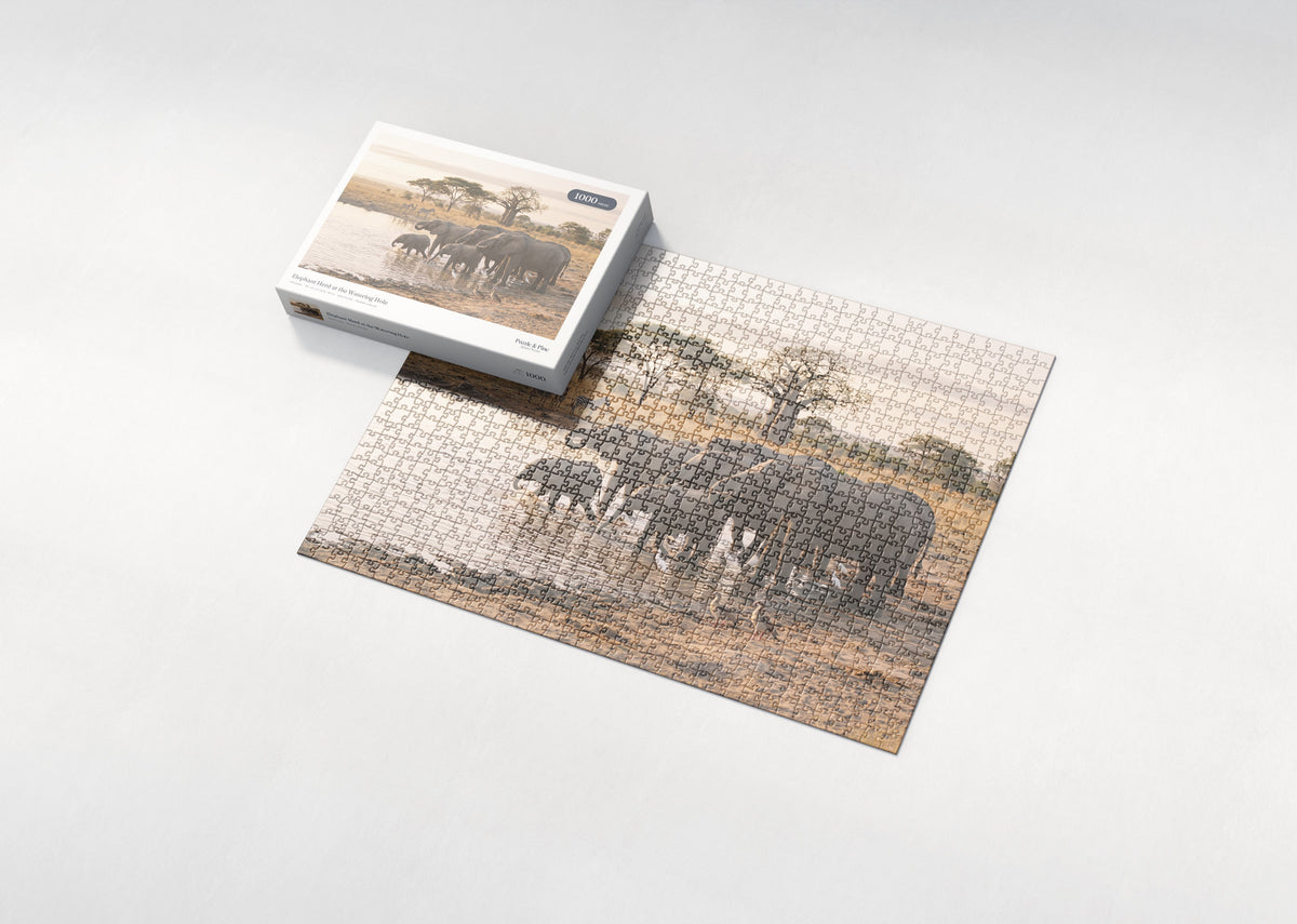 Elephant Herd at the Watering Hole jigsaw puzzle - box and puzzle