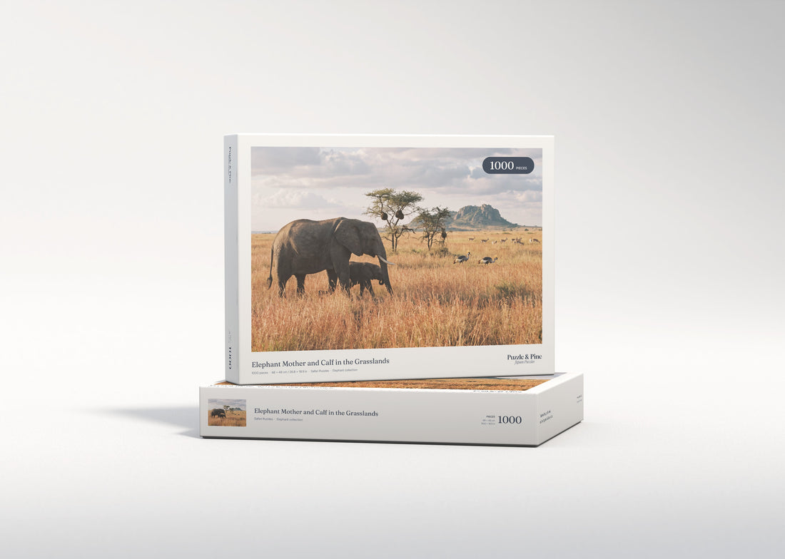 Elephant Mother and Calf in the Grasslands jigsaw puzzle - gift box