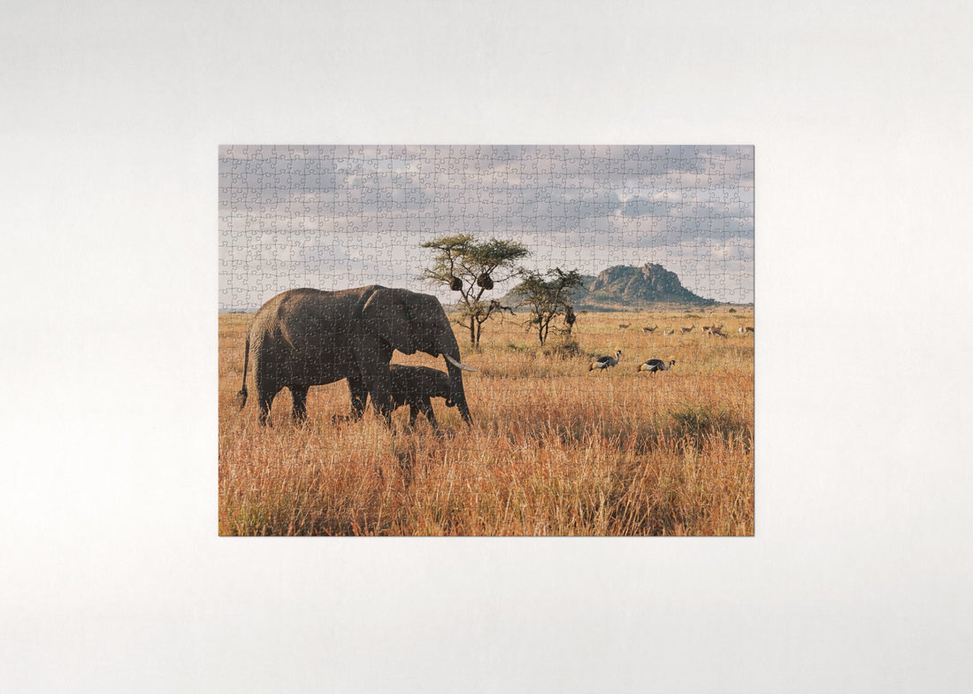 Elephant Mother and Calf in the Grasslands jigsaw puzzle - gift box