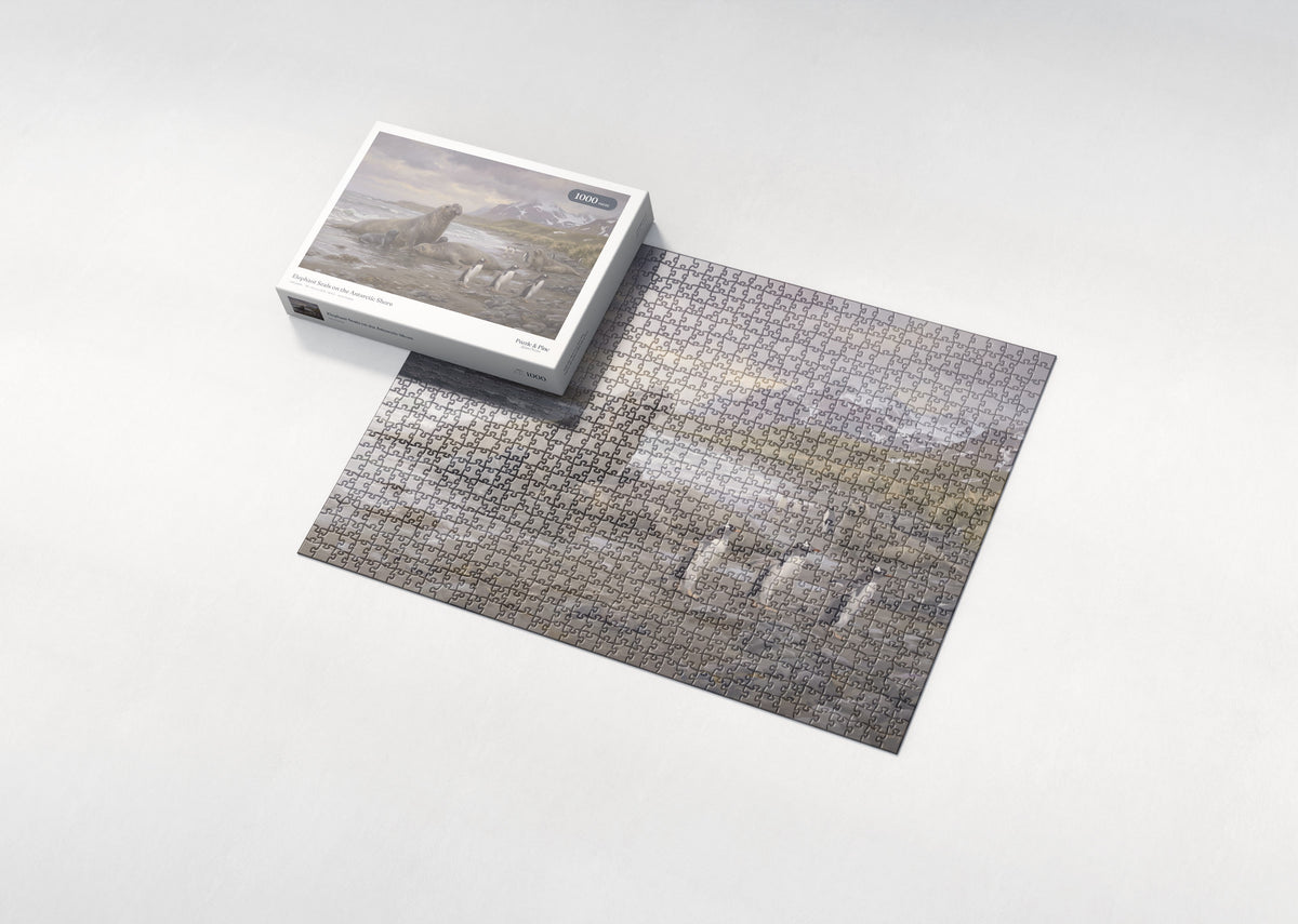 Elephant Seals on the Antarctic Shore jigsaw puzzle - box and puzzle