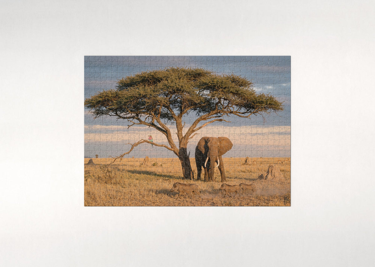 Elephant Under the Acacia at Golden Hour jigsaw puzzle - flat puzzle