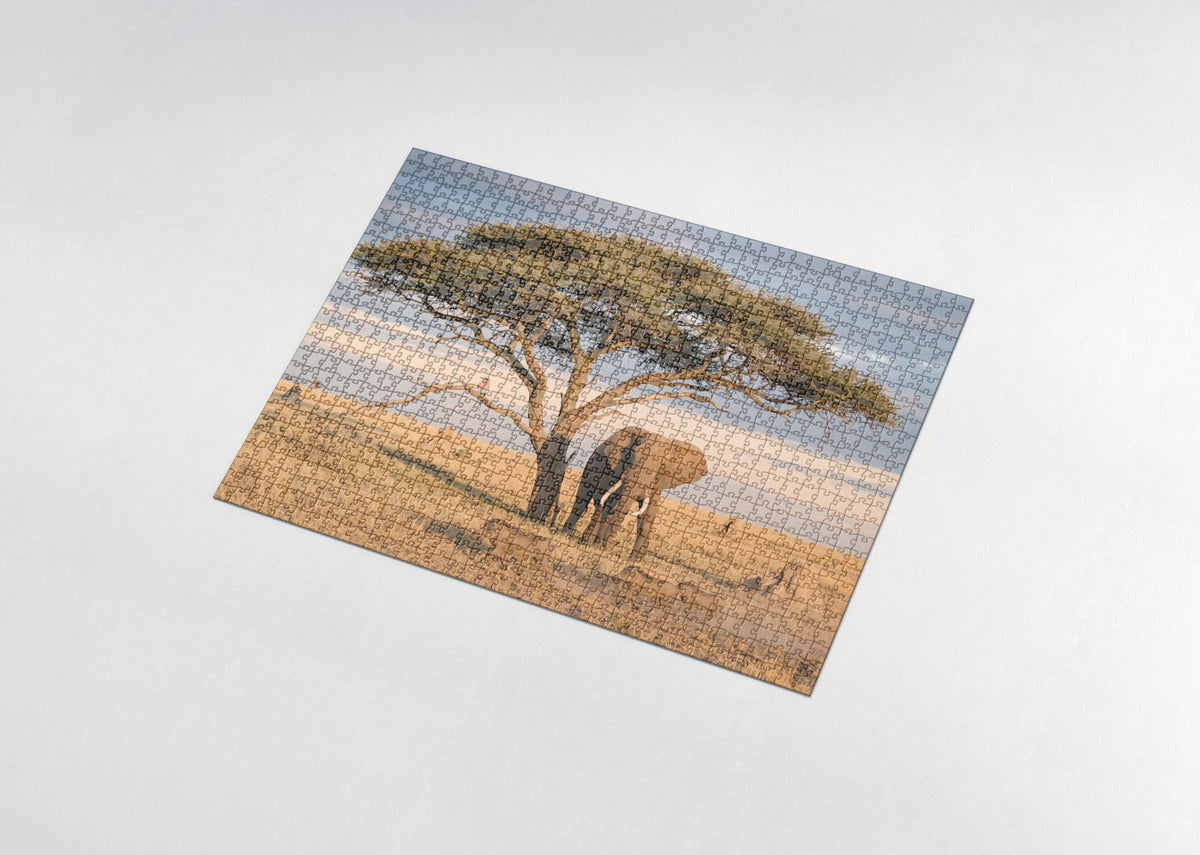 Elephant Under the Acacia at Golden Hour jigsaw puzzle - assembled puzzle