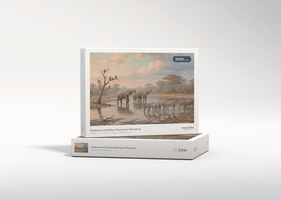 Elephants and Zebras Sharing the Waterhole jigsaw puzzle - gift box