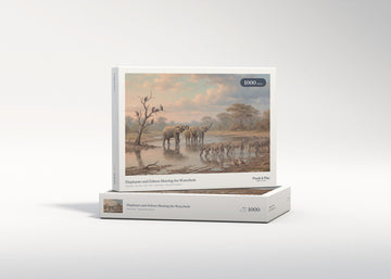 Elephants and Zebras Sharing the Waterhole jigsaw puzzle - gift box