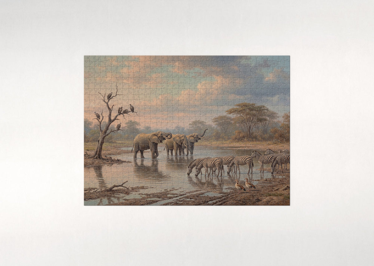 Elephants and Zebras Sharing the Waterhole jigsaw puzzle - flat puzzle