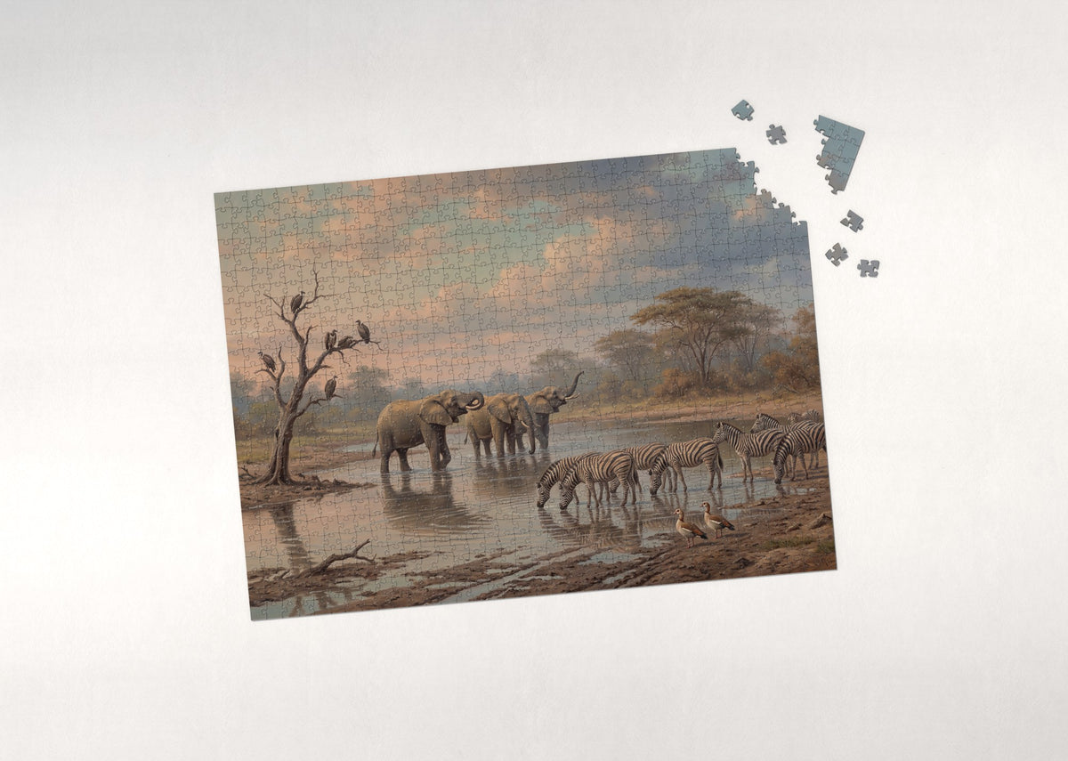 Elephants and Zebras Sharing the Waterhole jigsaw puzzle - puzzle with loose pieces