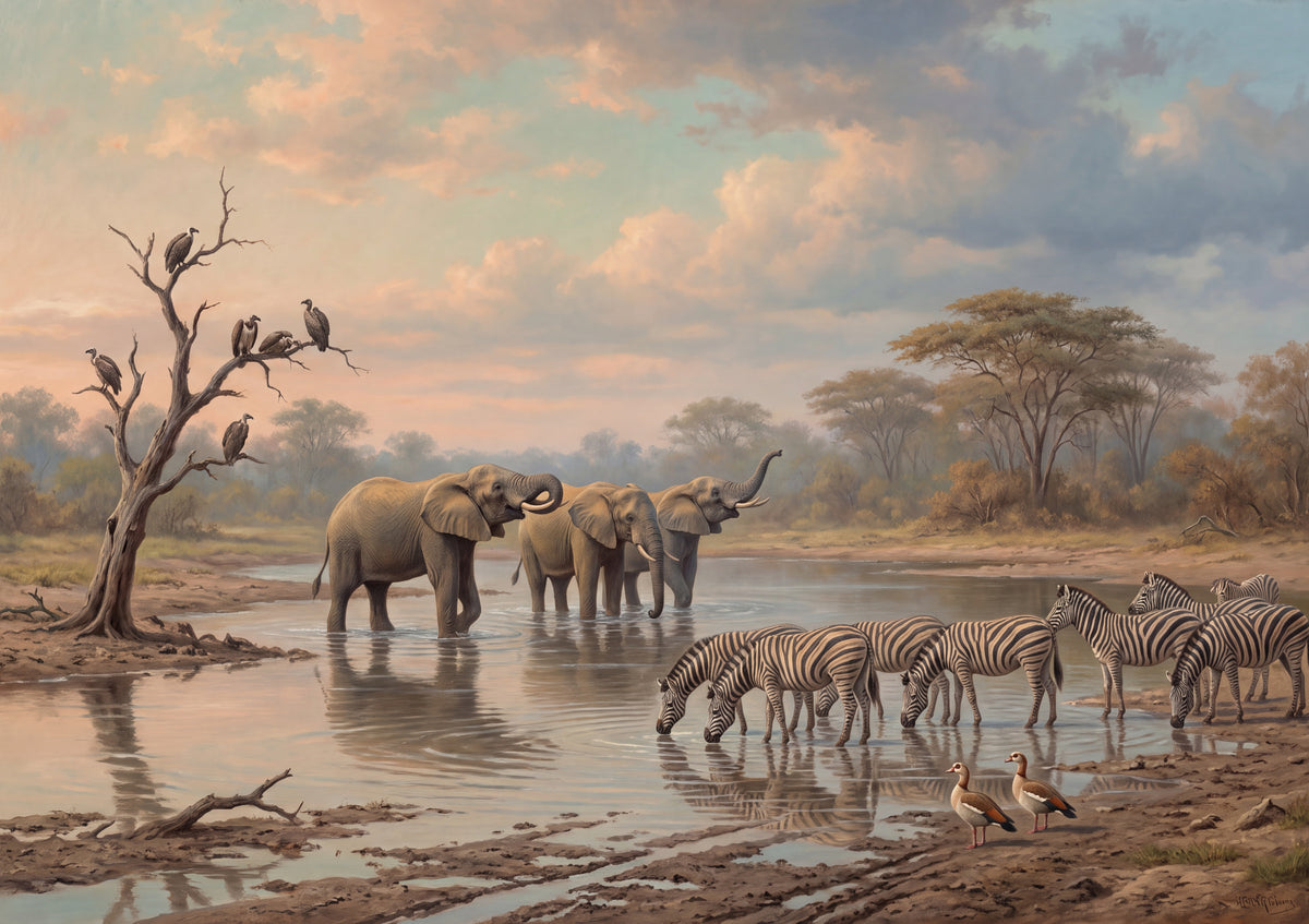 Elephants and Zebras Sharing the Waterhole jigsaw puzzle