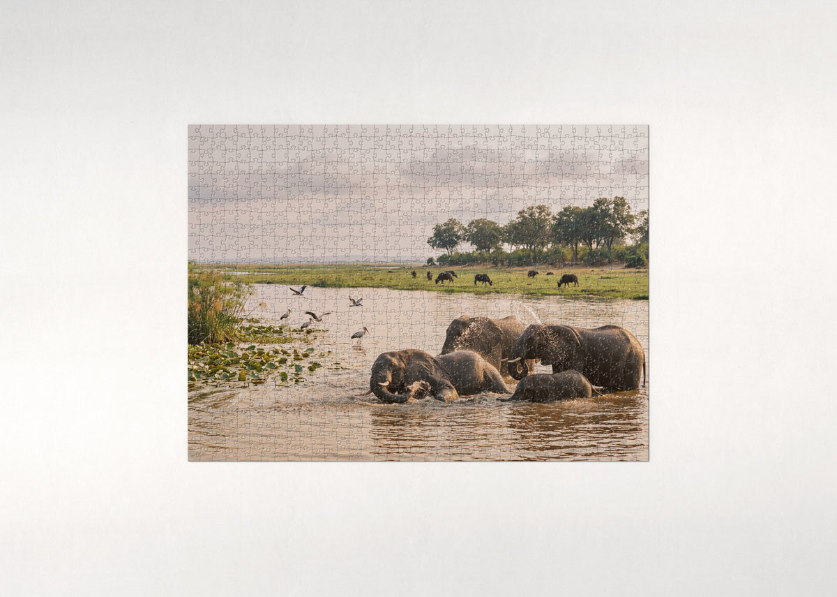 Elephants Bathing in the Chobe River jigsaw puzzle - flat puzzle