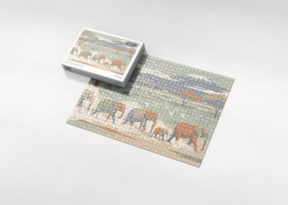 Elephants Beneath Kilimanjaro jigsaw puzzle - box and puzzle