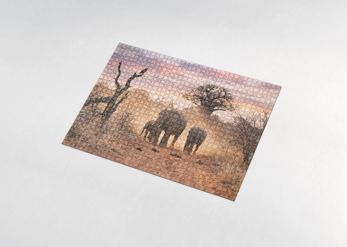 Elephants Walking the Dusty Trail at Dusk jigsaw puzzle - assembled puzzle