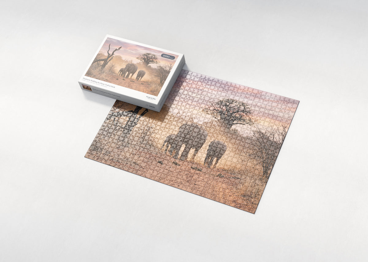 Elephants Walking the Dusty Trail at Dusk jigsaw puzzle - box and puzzle