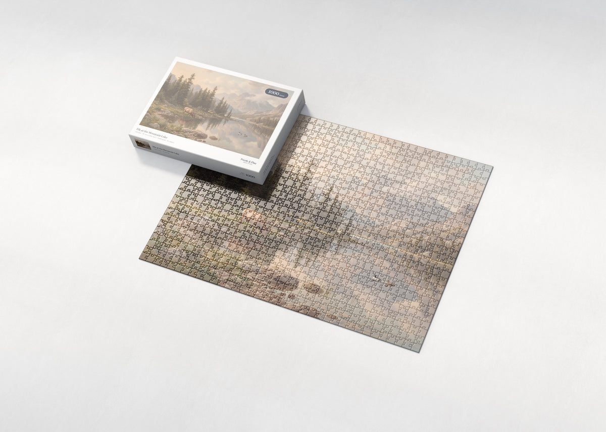 Elk at the Mountain Lake jigsaw puzzle - box and puzzle