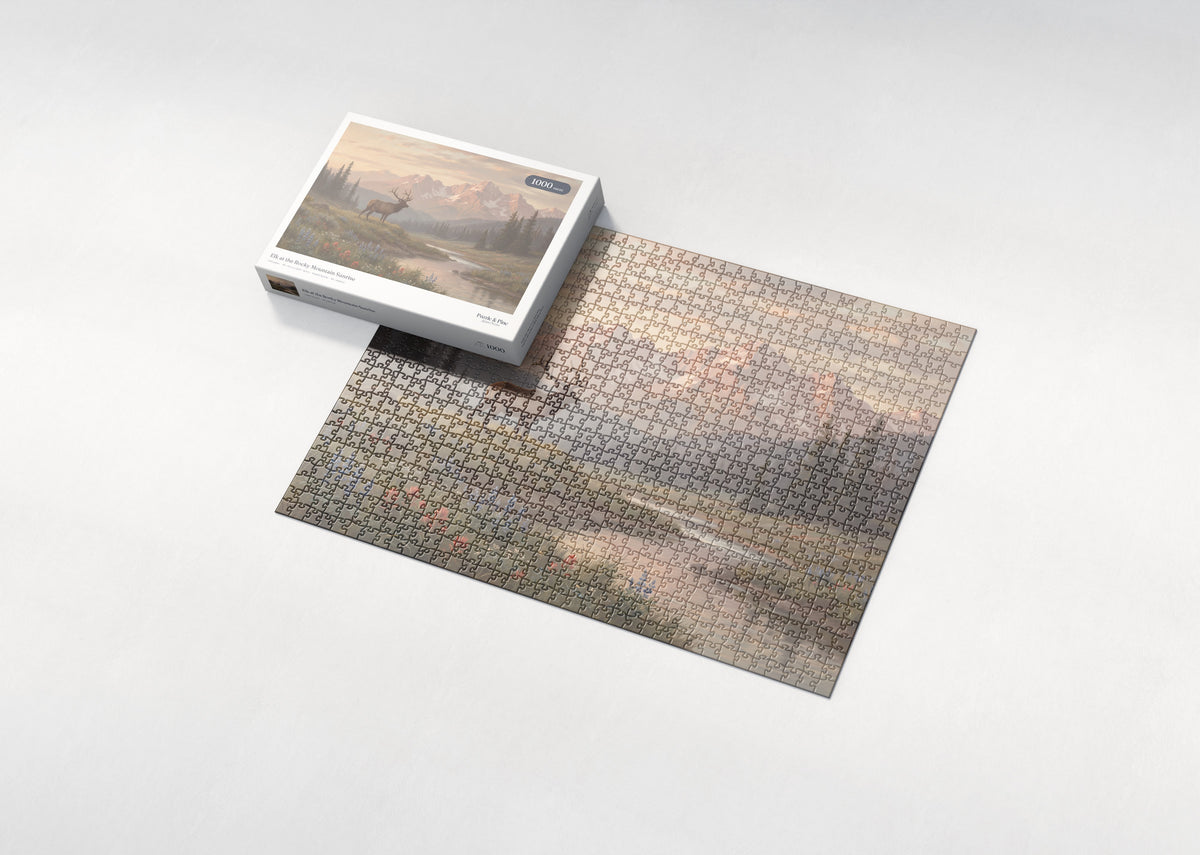 Elk at the Rocky Mountain Sunrise jigsaw puzzle - box and puzzle