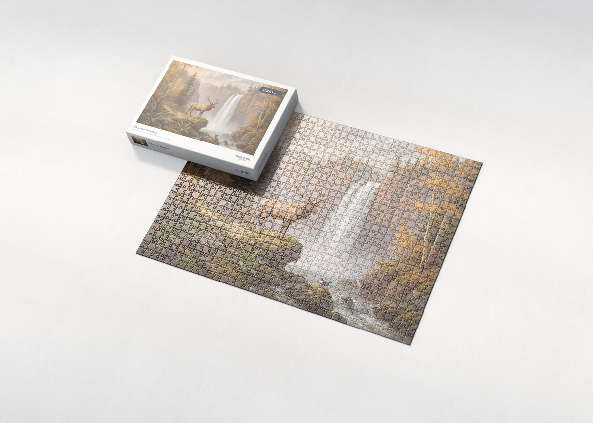 Elk at the Waterfall jigsaw puzzle - box and puzzle