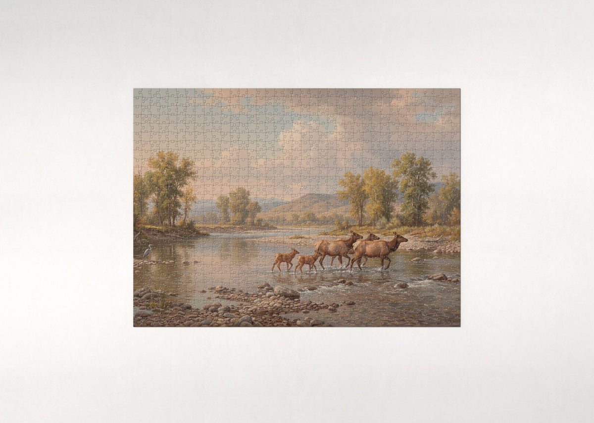 Elk Crossing the River jigsaw puzzle - flat puzzle