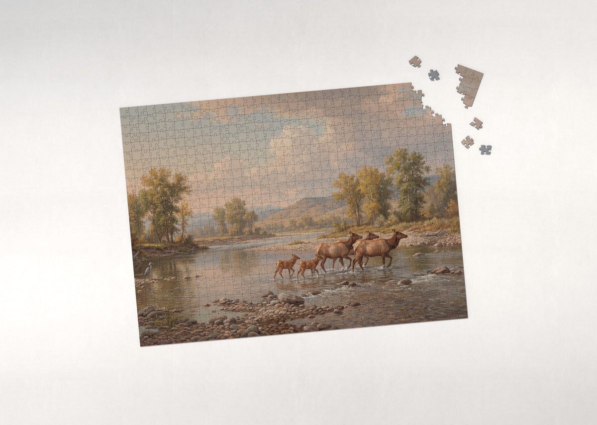 Elk Crossing the River jigsaw puzzle - puzzle with loose pieces