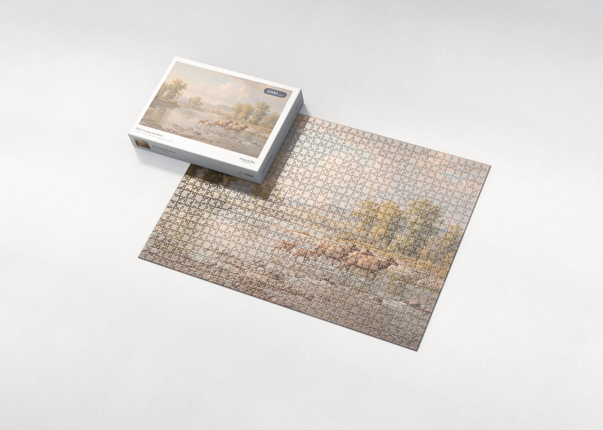 Elk Crossing the River jigsaw puzzle - box and puzzle