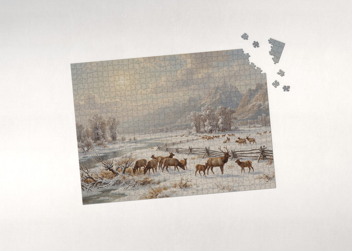 Elk Herd in the Winter Valley jigsaw puzzle - puzzle with loose pieces