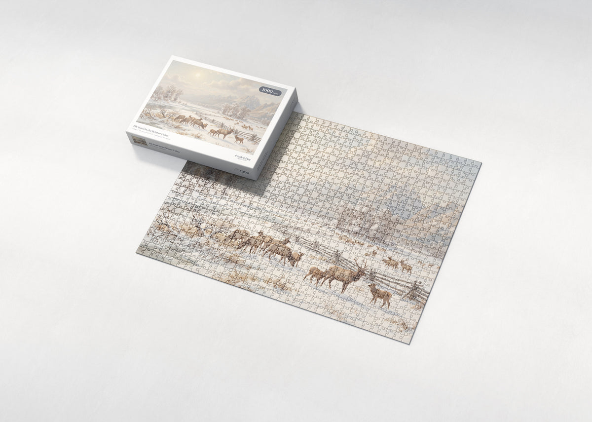 Elk Herd in the Winter Valley jigsaw puzzle - box and puzzle