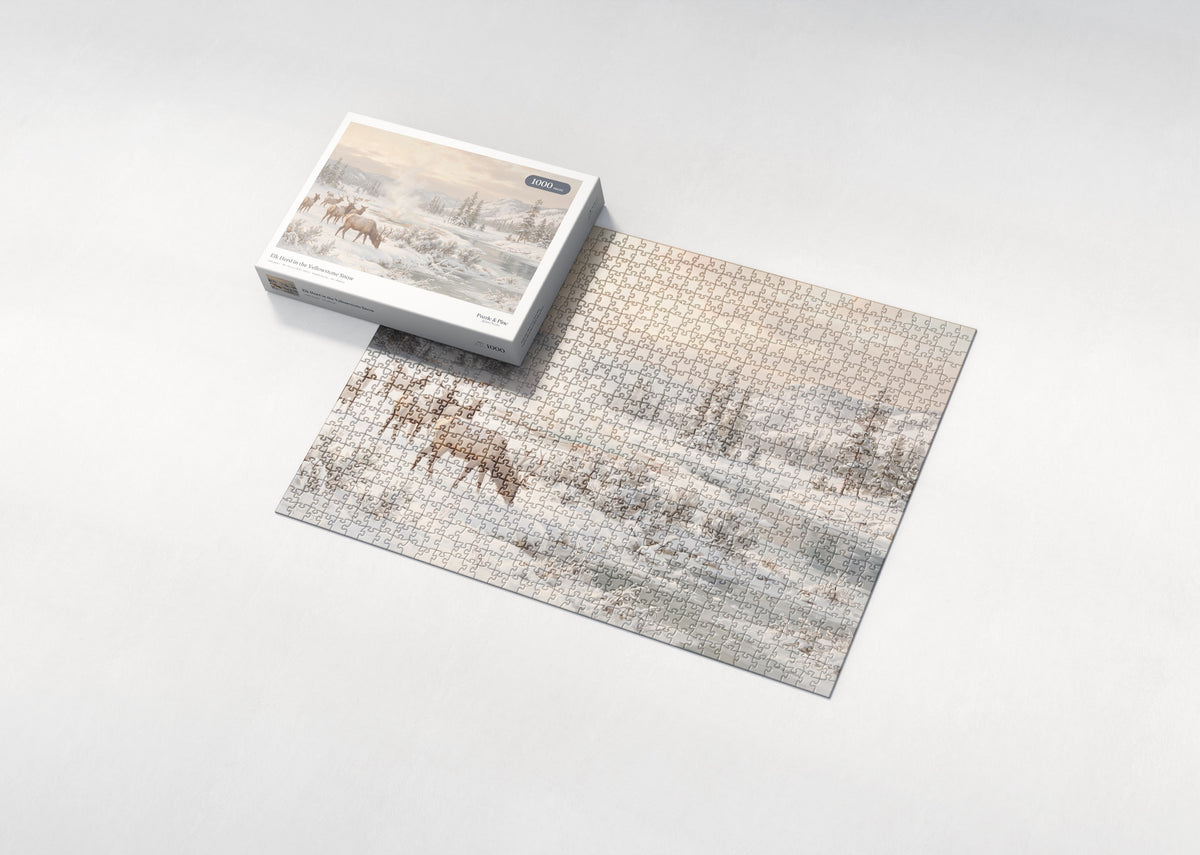 Elk Herd in the Yellowstone Snow jigsaw puzzle - box and puzzle