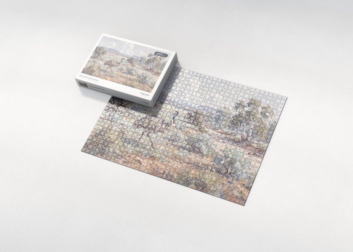 Emu on the Outback Plain jigsaw puzzle - box and puzzle