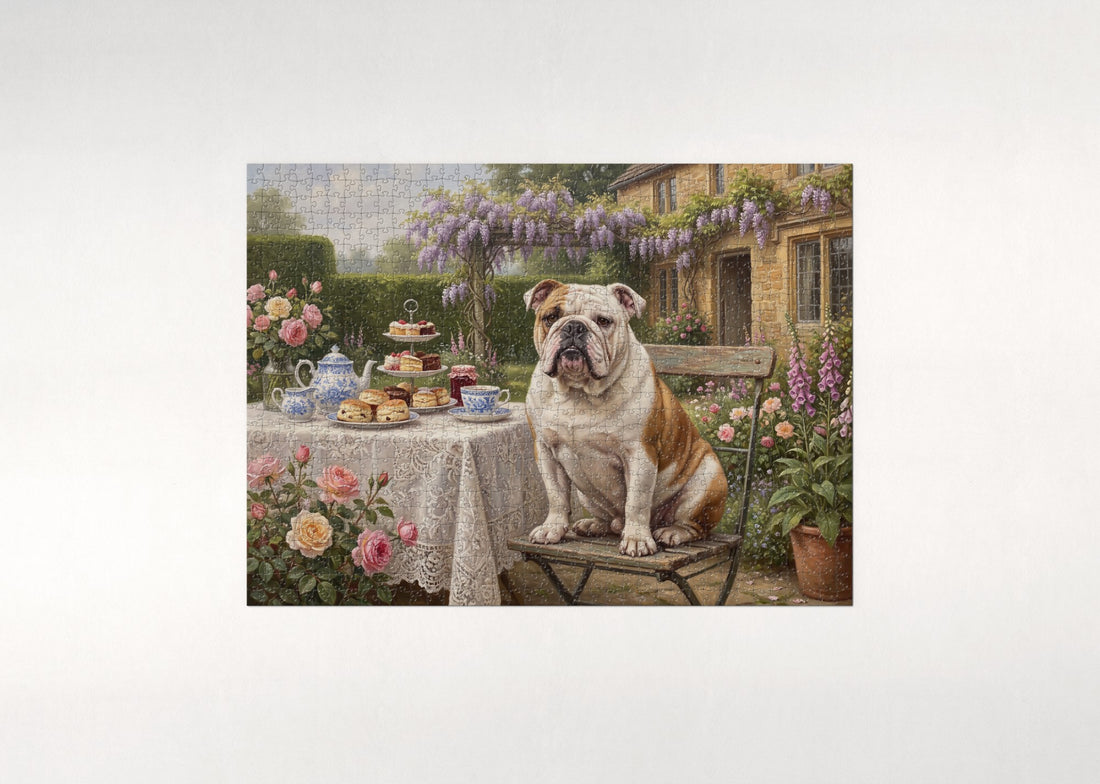 English Bulldog at Garden Tea Time jigsaw puzzle - gift box