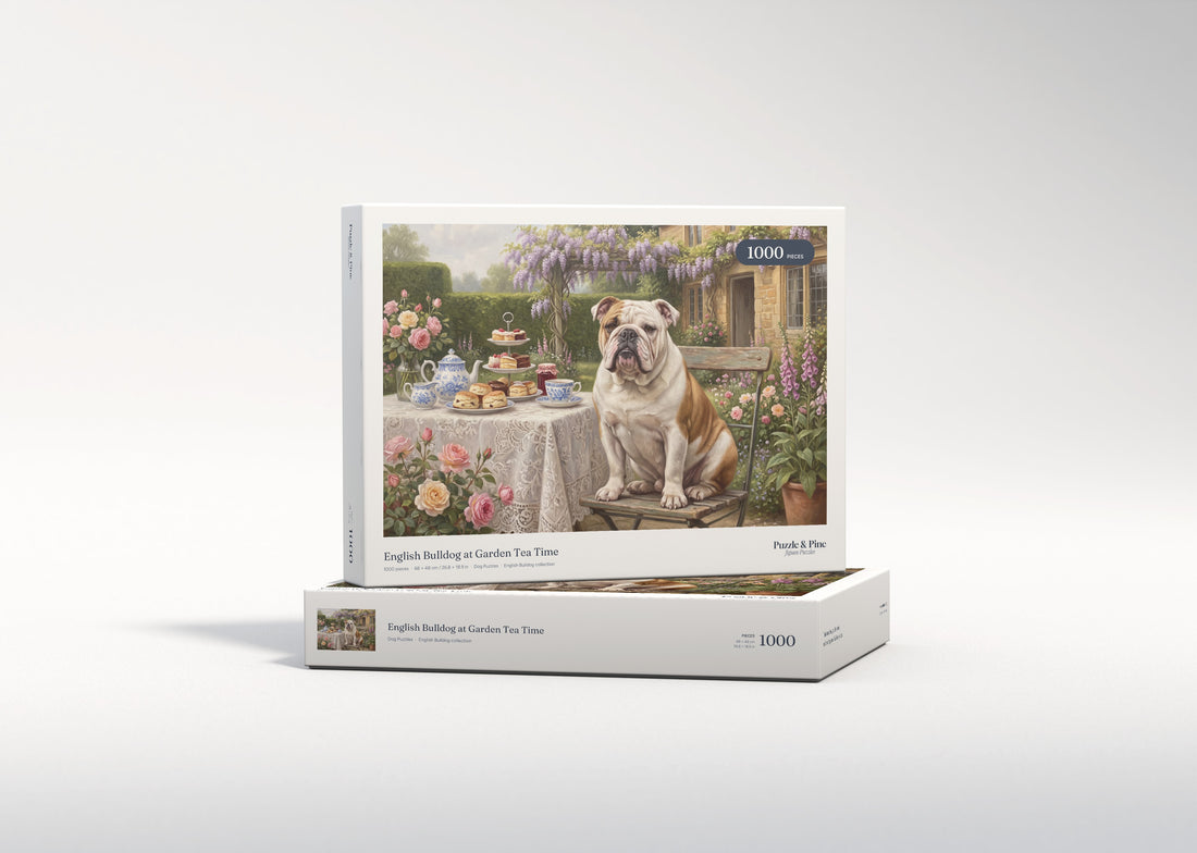 English Bulldog at Garden Tea Time jigsaw puzzle - gift box