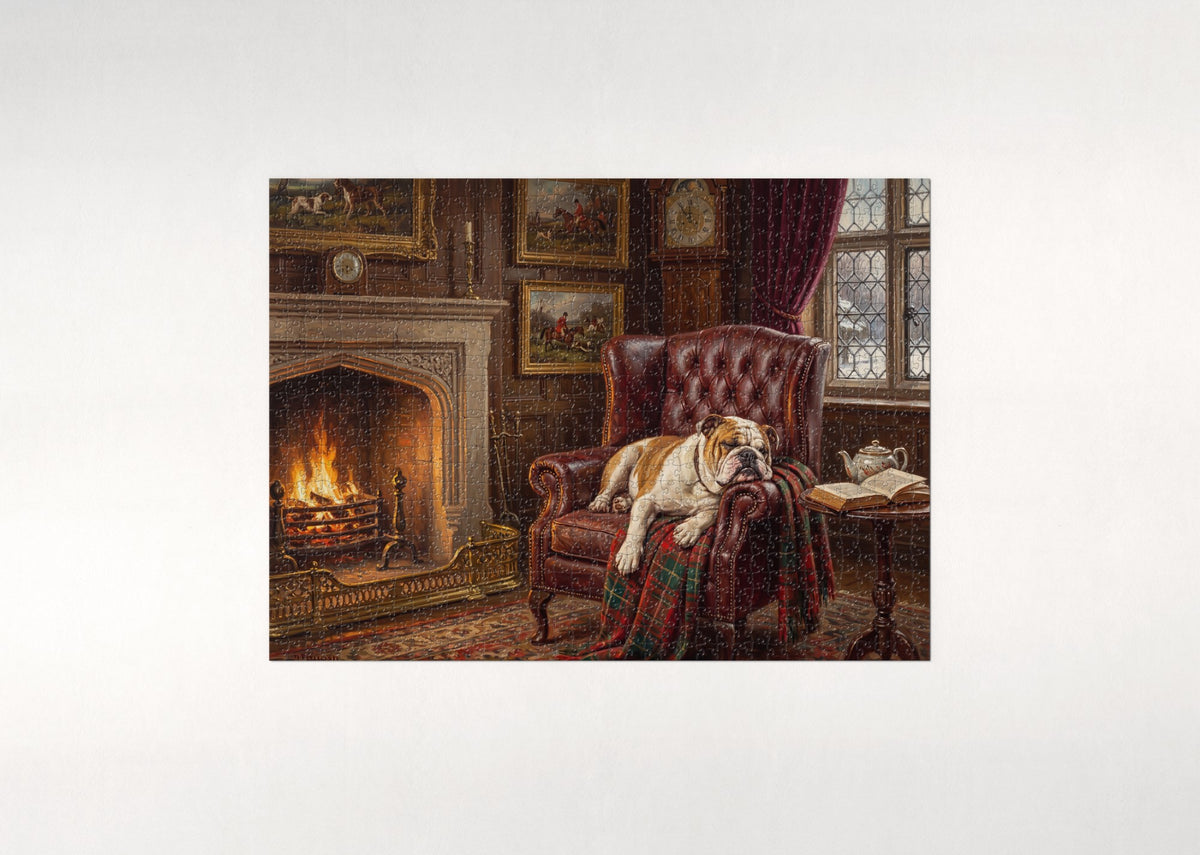 English Bulldog in the Fireside Armchair jigsaw puzzle - flat puzzle