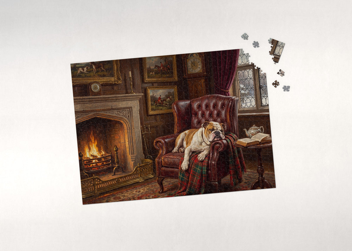 English Bulldog in the Fireside Armchair jigsaw puzzle - puzzle with loose pieces