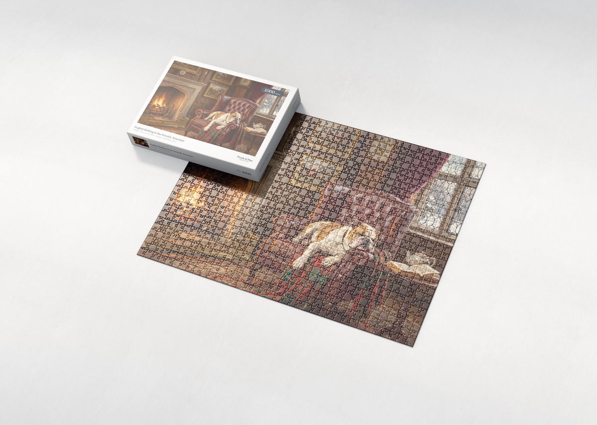 English Bulldog in the Fireside Armchair jigsaw puzzle - box and puzzle