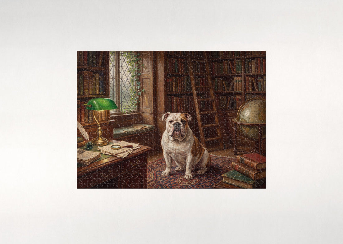 English Bulldog in the Old Library Nook jigsaw puzzle - gift box