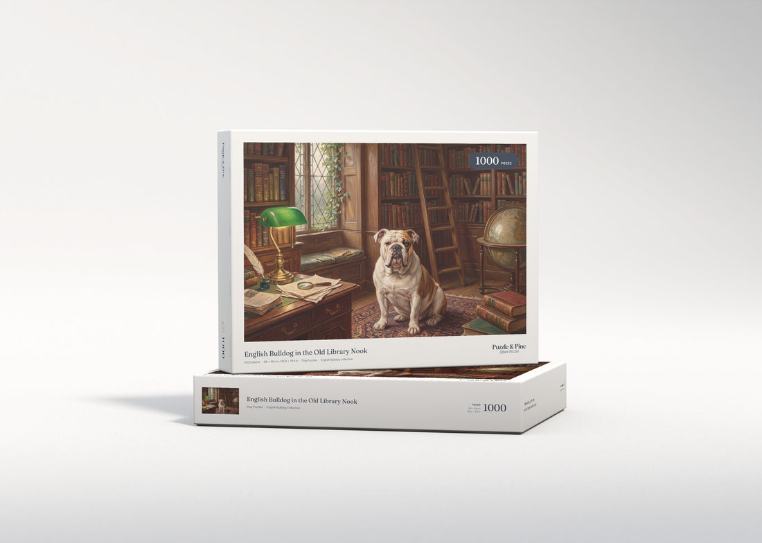 English Bulldog in the Old Library Nook jigsaw puzzle - gift box