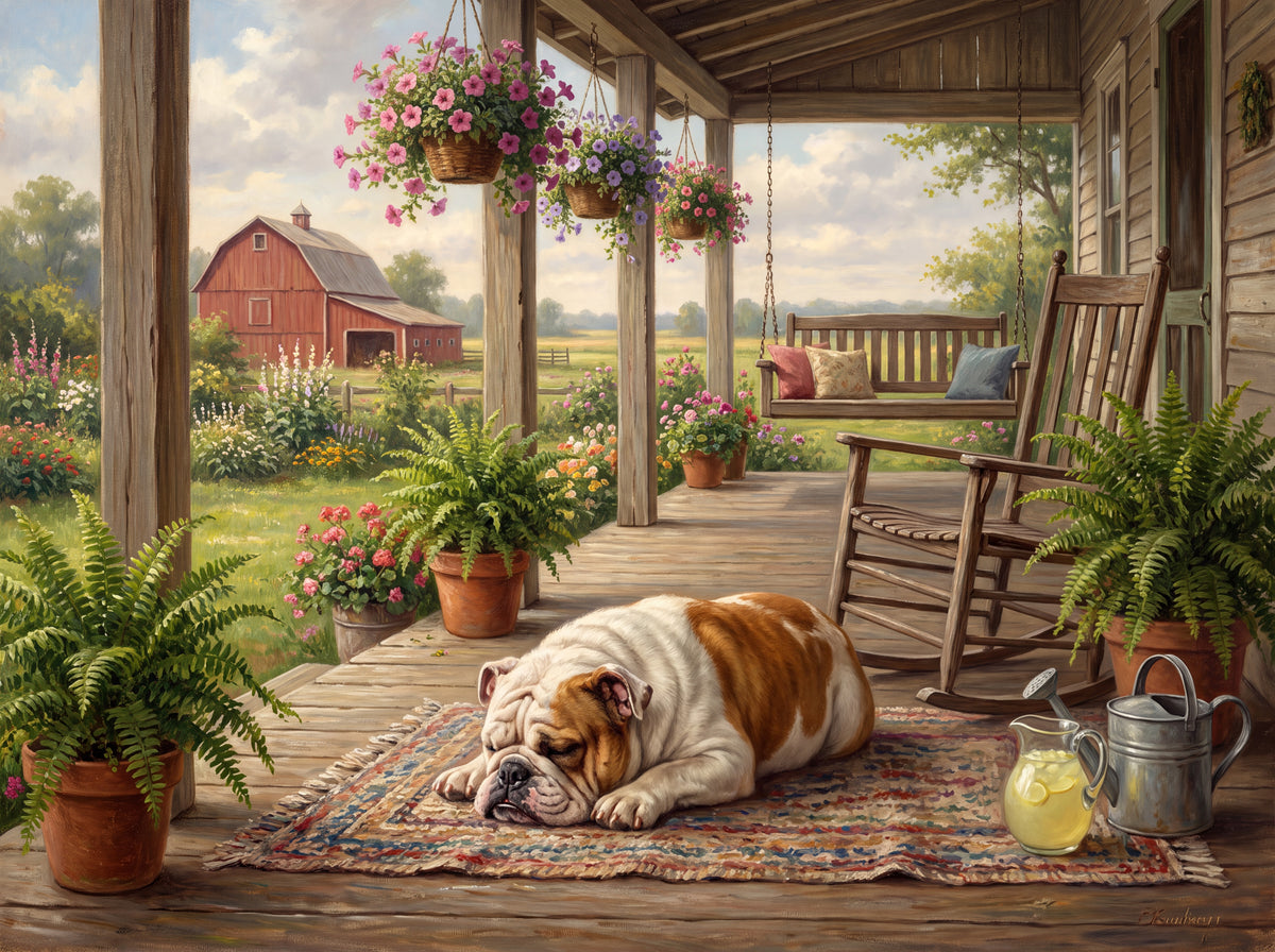 English Bulldog Napping on the Farmhouse Porch jigsaw puzzle