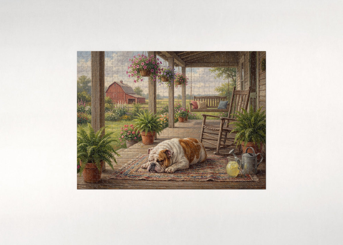 English Bulldog Napping on the Farmhouse Porch jigsaw puzzle - flat puzzle