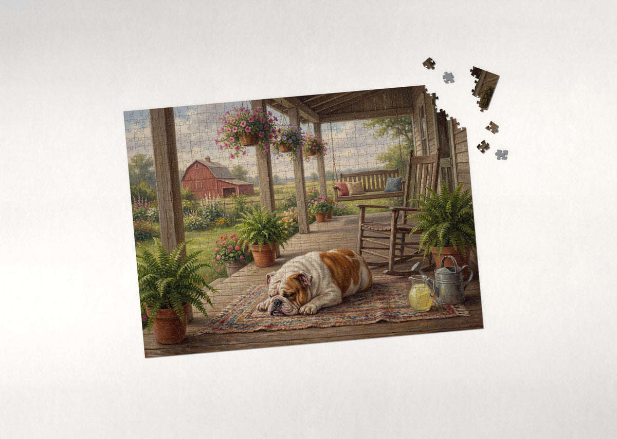 English Bulldog Napping on the Farmhouse Porch jigsaw puzzle - puzzle with loose pieces