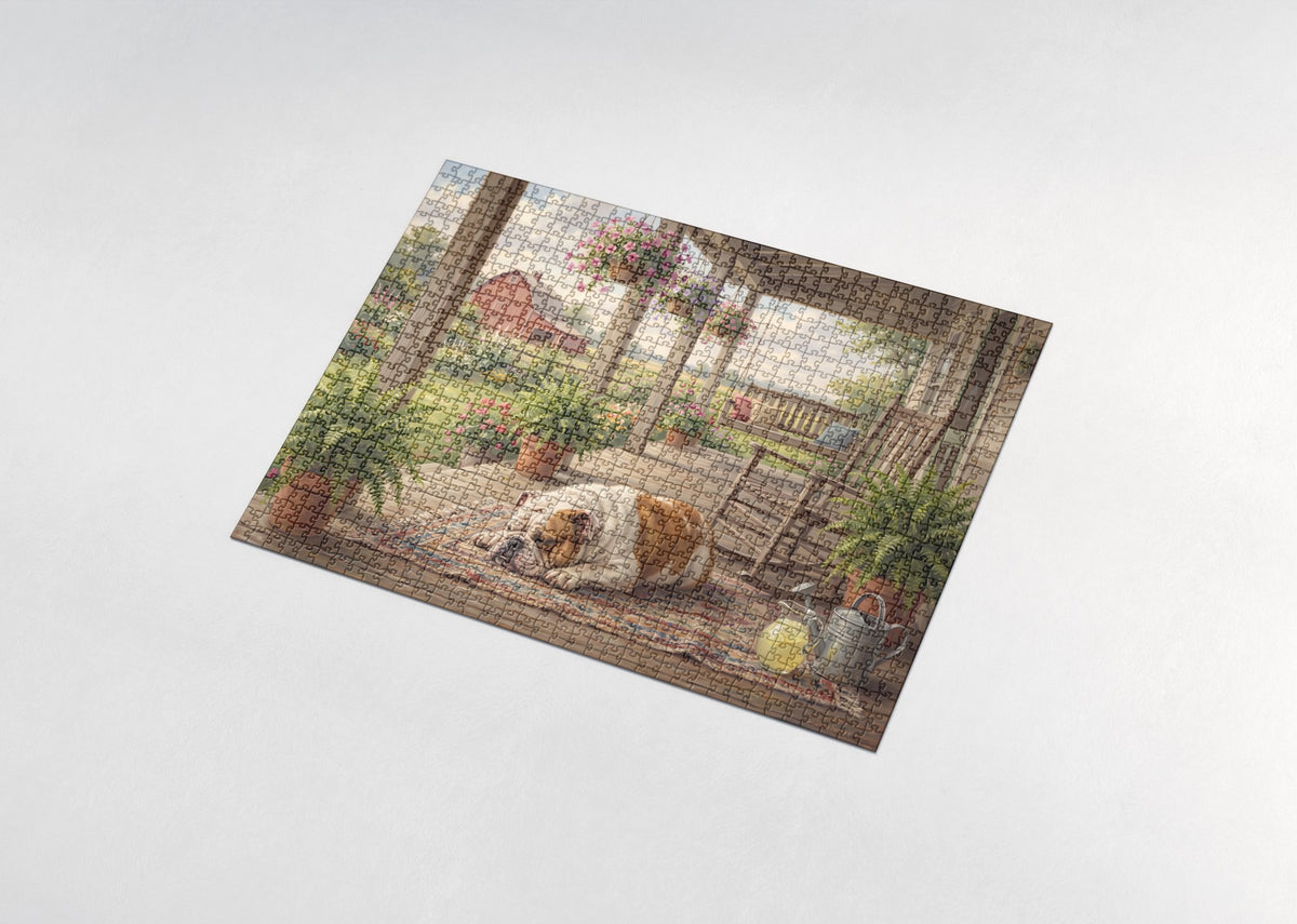 English Bulldog Napping on the Farmhouse Porch jigsaw puzzle - assembled puzzle