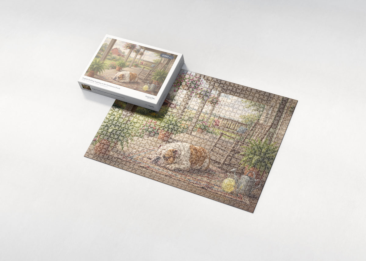 English Bulldog Napping on the Farmhouse Porch jigsaw puzzle - box and puzzle