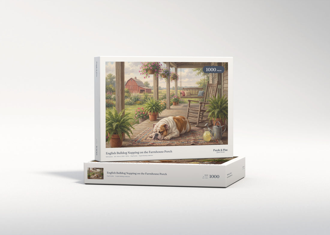 English Bulldog Napping on the Farmhouse Porch jigsaw puzzle - gift box